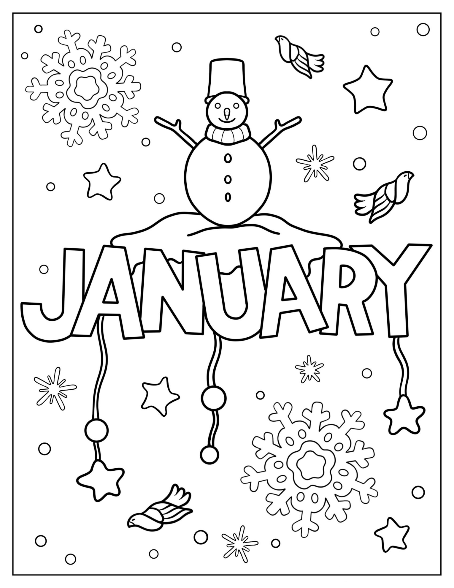 January Winter With Snowman Coloring Page