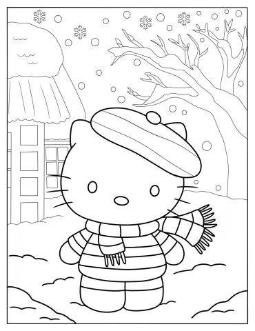 Hello Kitty Wearing A Beret And Scarf In Winter