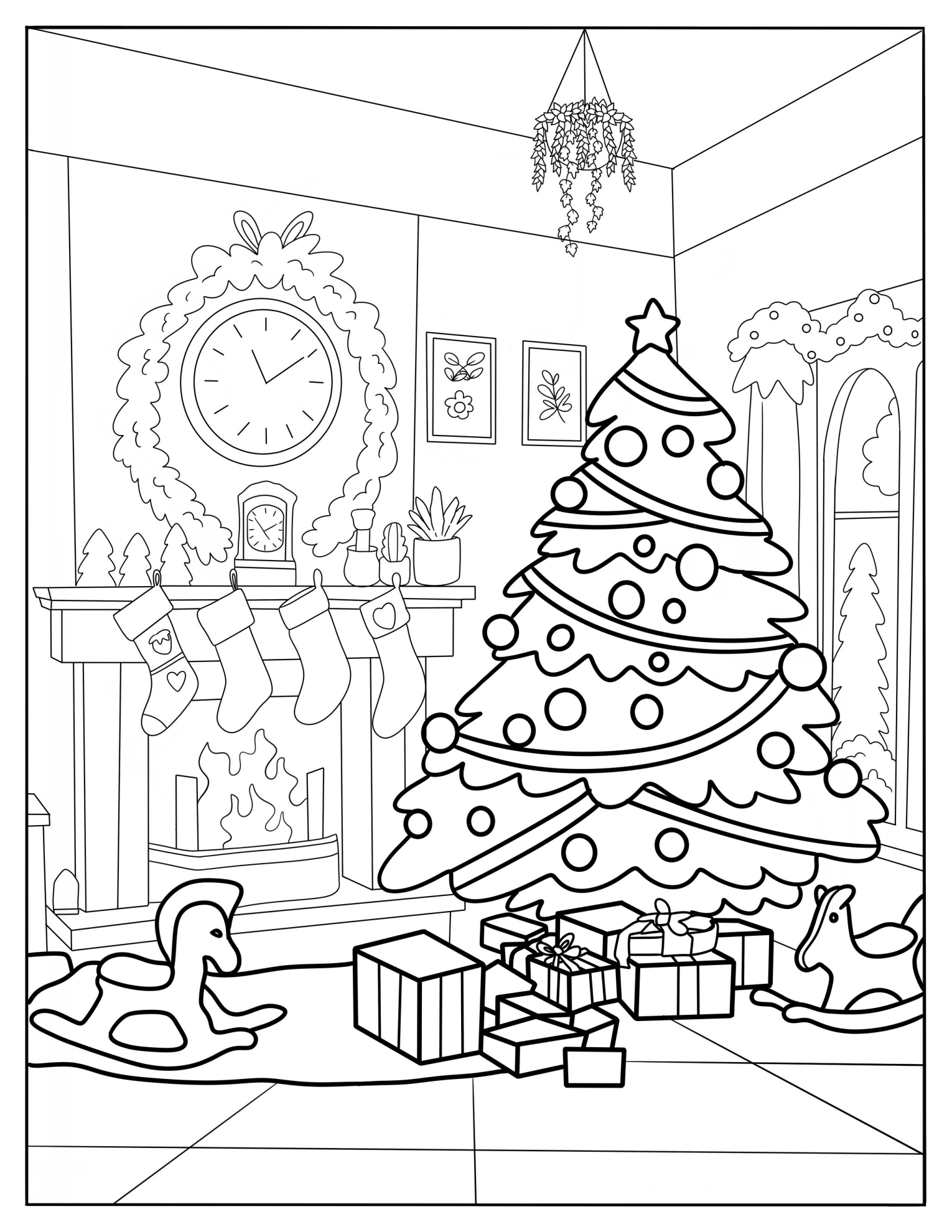 Christmas Tree In A Living Room With Presents And A Fireplace