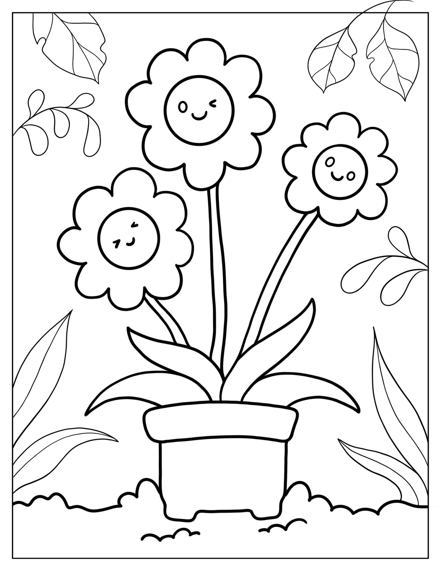 Three Happy Sunflowers In Garden Pot Coloring Sheet