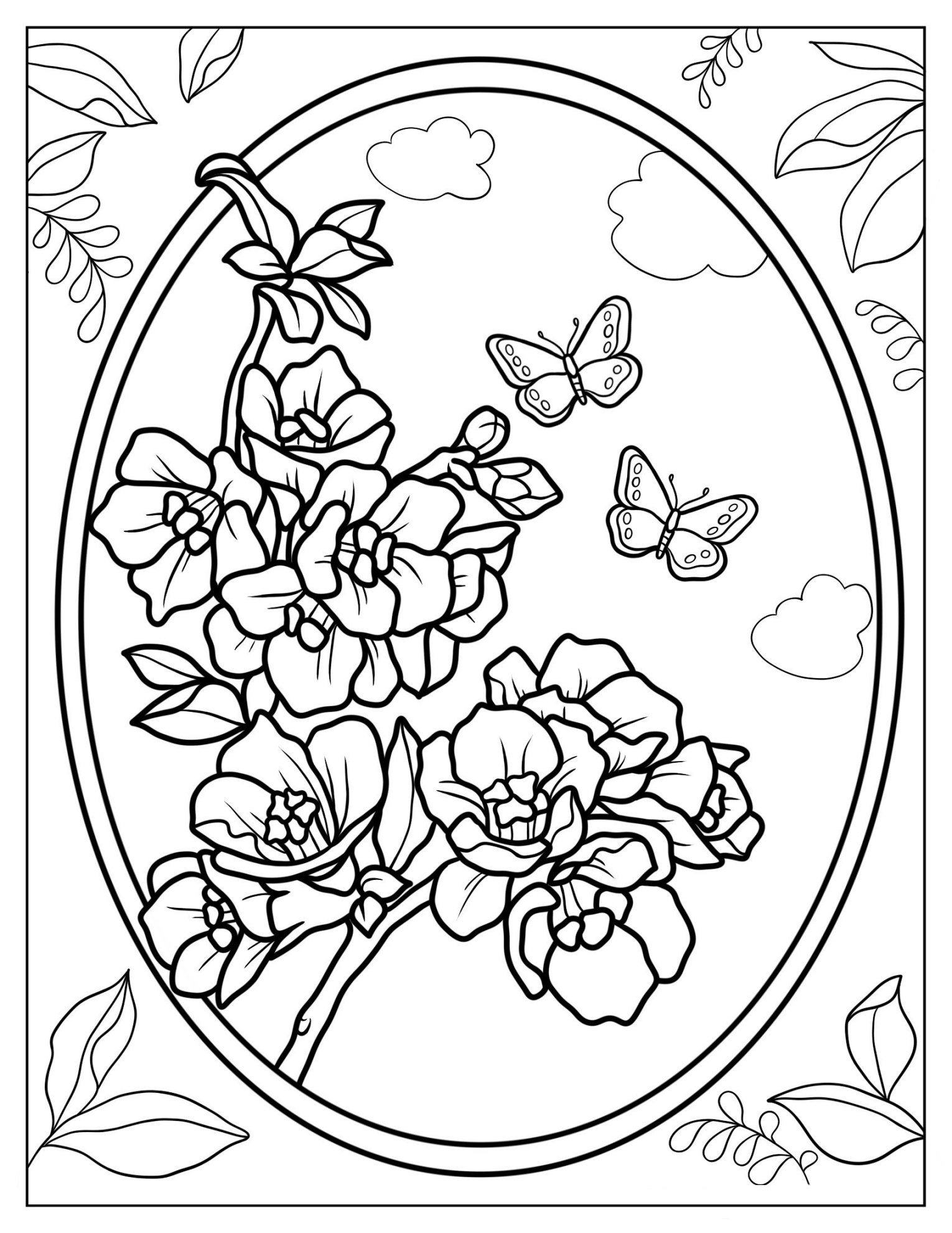 Quince Flowers With Butterflies In A Ring Coloring Page
