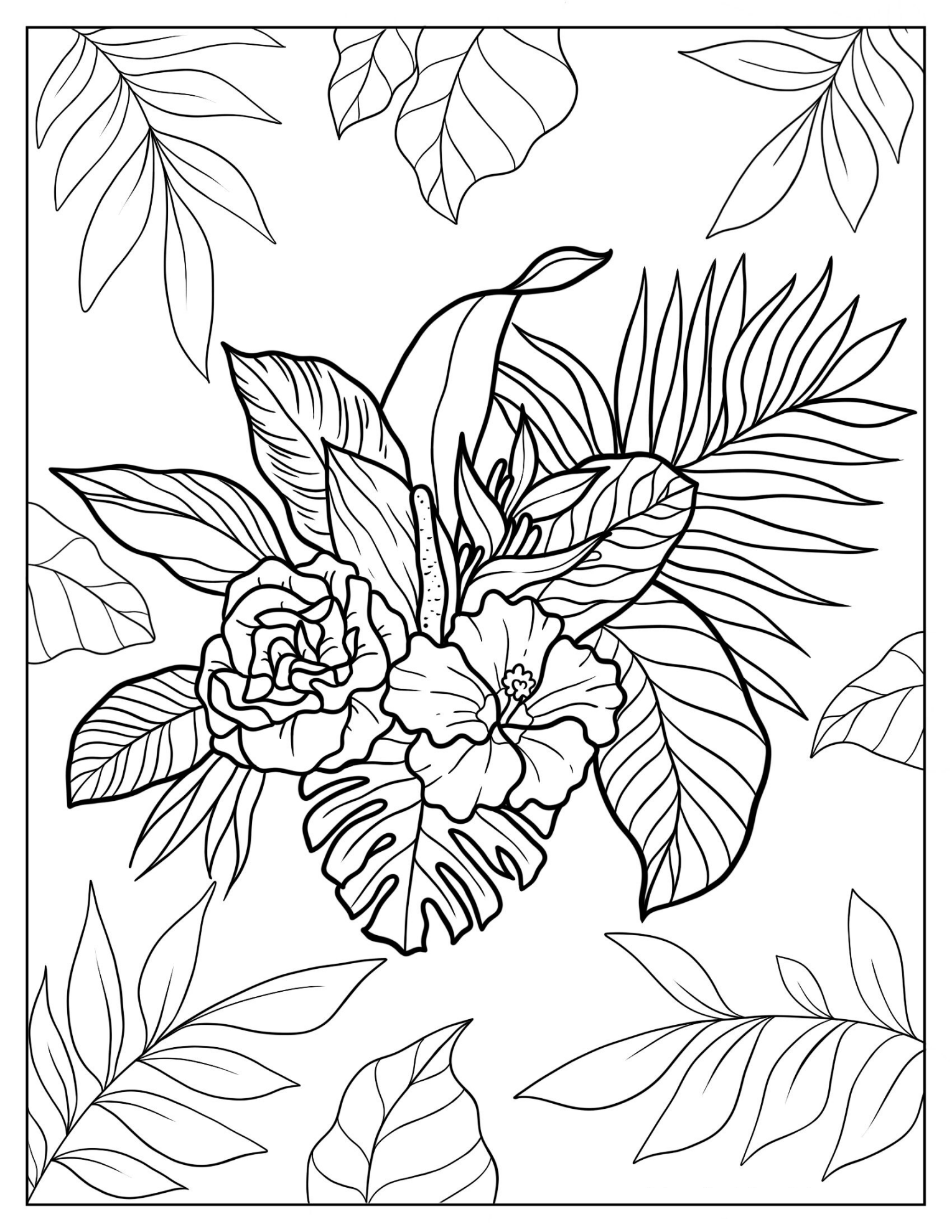 Coloring Page Of Exotic Tropical Orchid, Strelitzia, Hibiscus, Protea, And Calathea