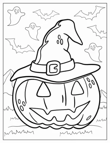 Halloween Coloring Page of Jack-O-Lantern With Witch Hat