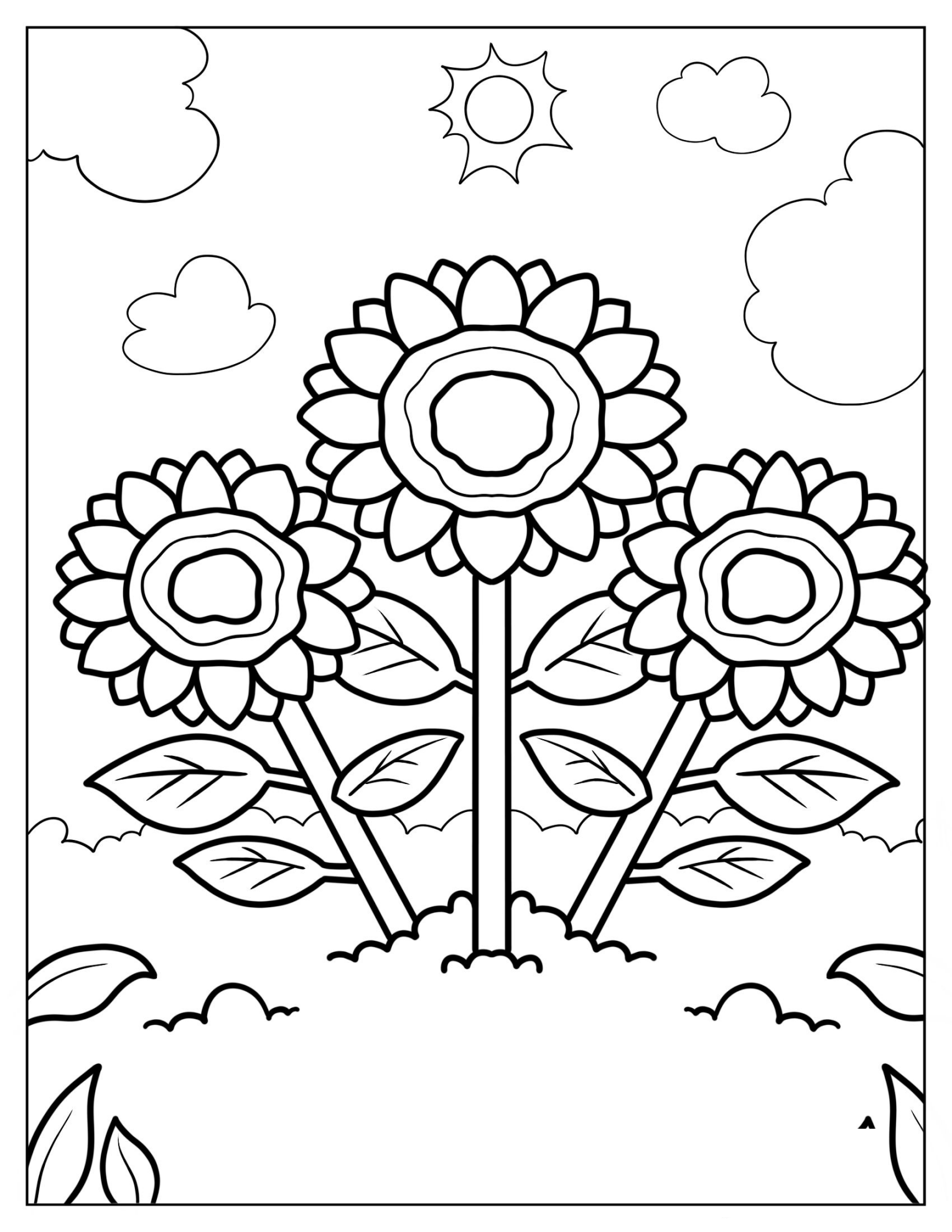 Cartoon Sunflowers In The Sun Coloring Sheet