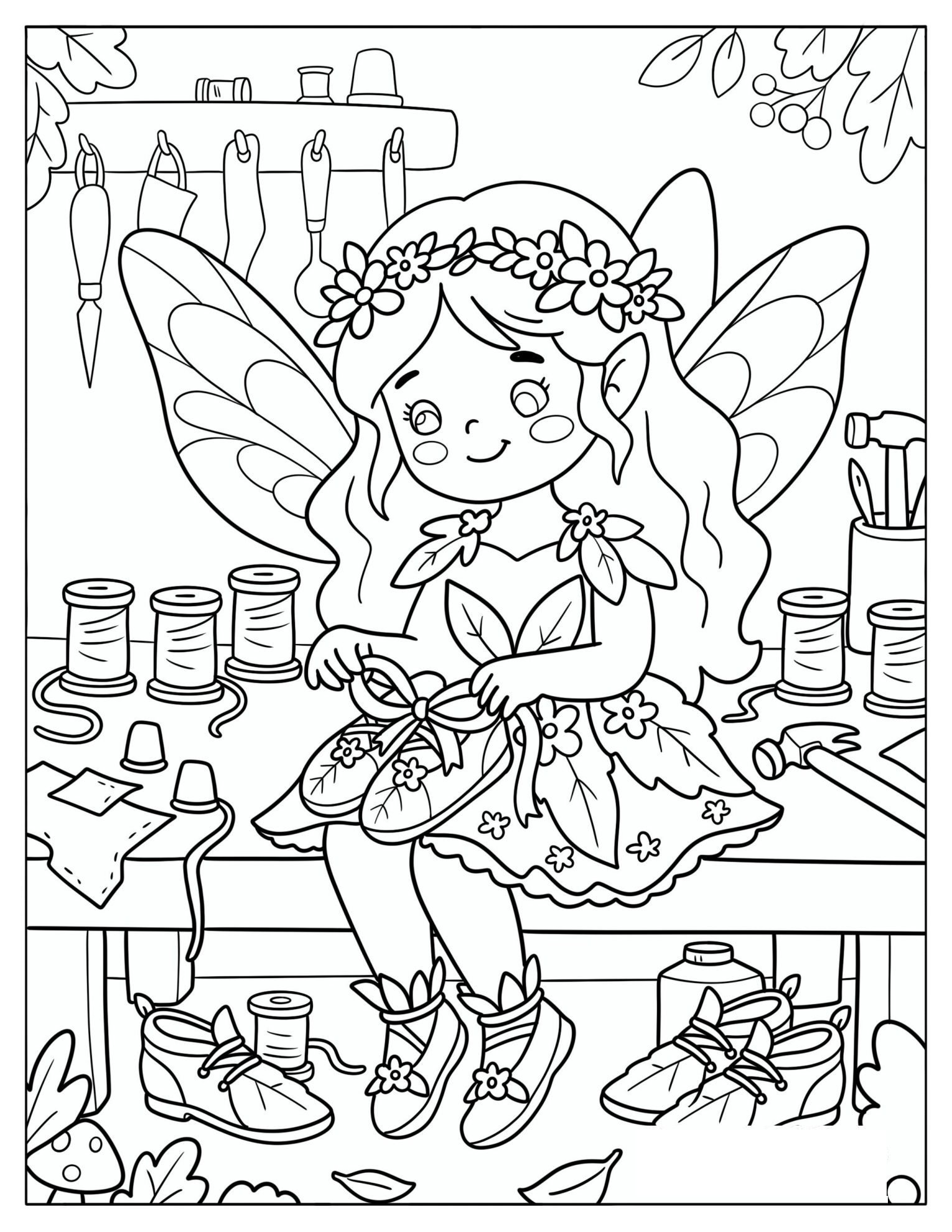 Fairy Sewing Floral Shoes in a Woodland Workshop Coloring Sheet
