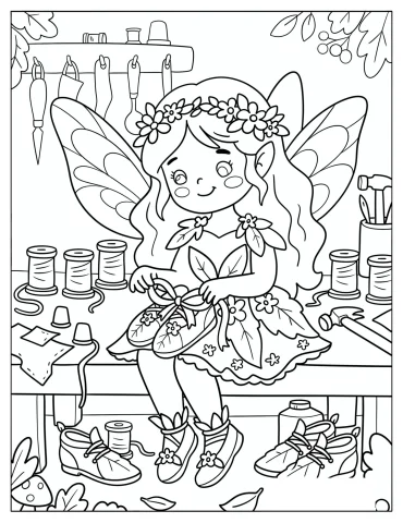 Fairy Sewing Floral Shoes in a Woodland Workshop Coloring Sheet