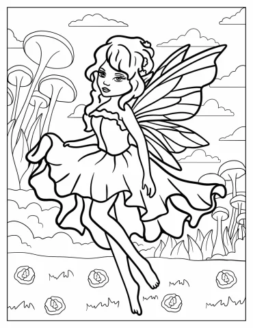 Elegant Fairy Skipping In Garden With Mushrooms Coloring Sheet