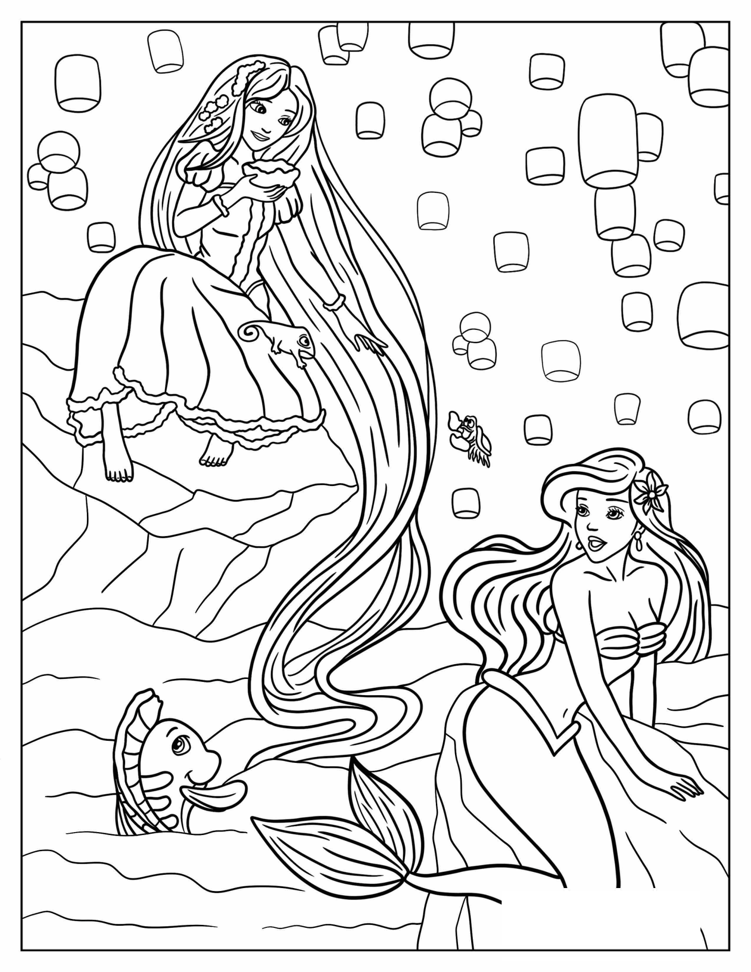 Princess Rapunzel And Ariel Coloring Page For Kids