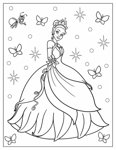 Princess Tiana Surrounded By Insects Coloring Sheet