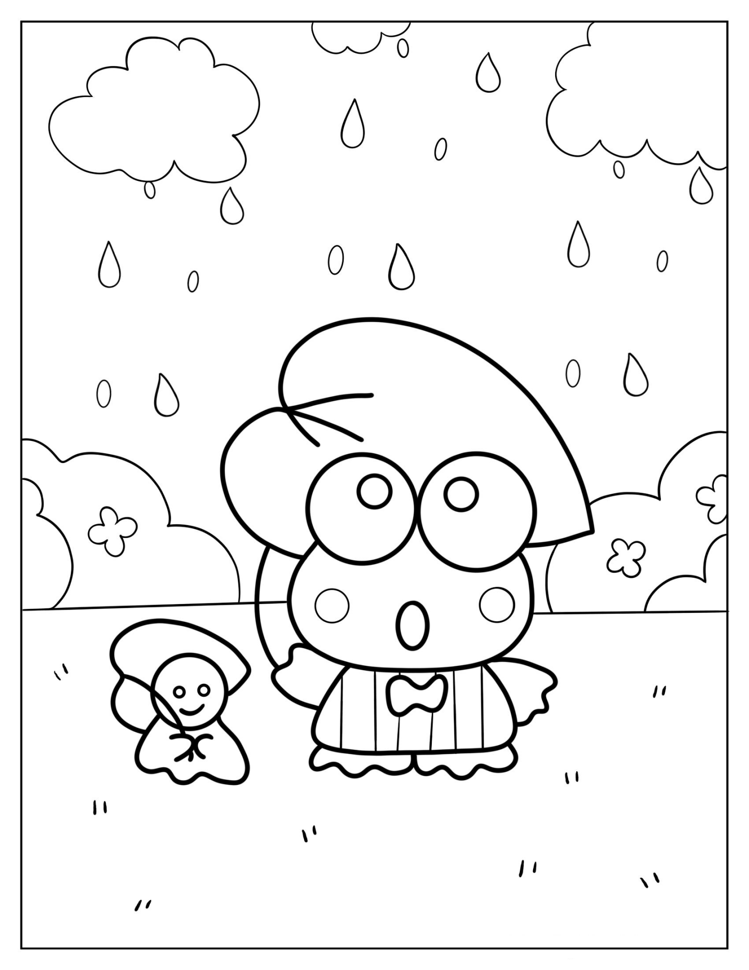 Keroppi And Teru Teru Using Leaf As Umbrella Coloring Page