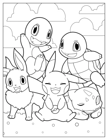 Charmander, Eevee, Pikachu, Squirtle, And Bulbasaur Coloring Page