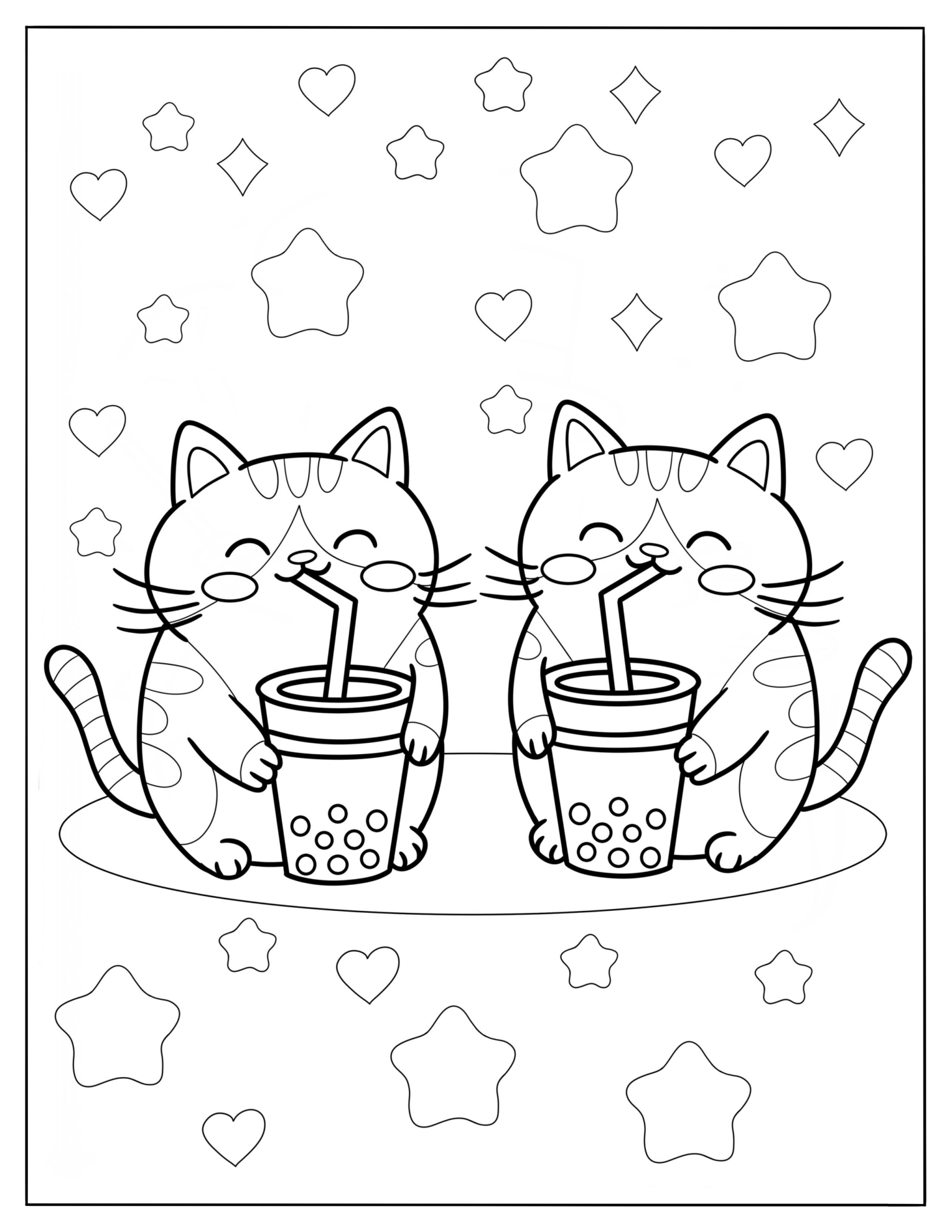 Two Tabby Cats Drinking Boba Tea Coloring Page