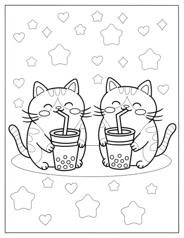 Two Tabby Cats Drinking Boba Tea Coloring Page