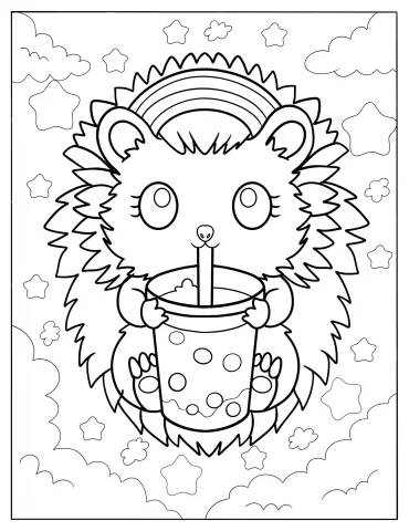 Cute Hedgehog Drinking Boba Tea With Starry Background Coloring Page