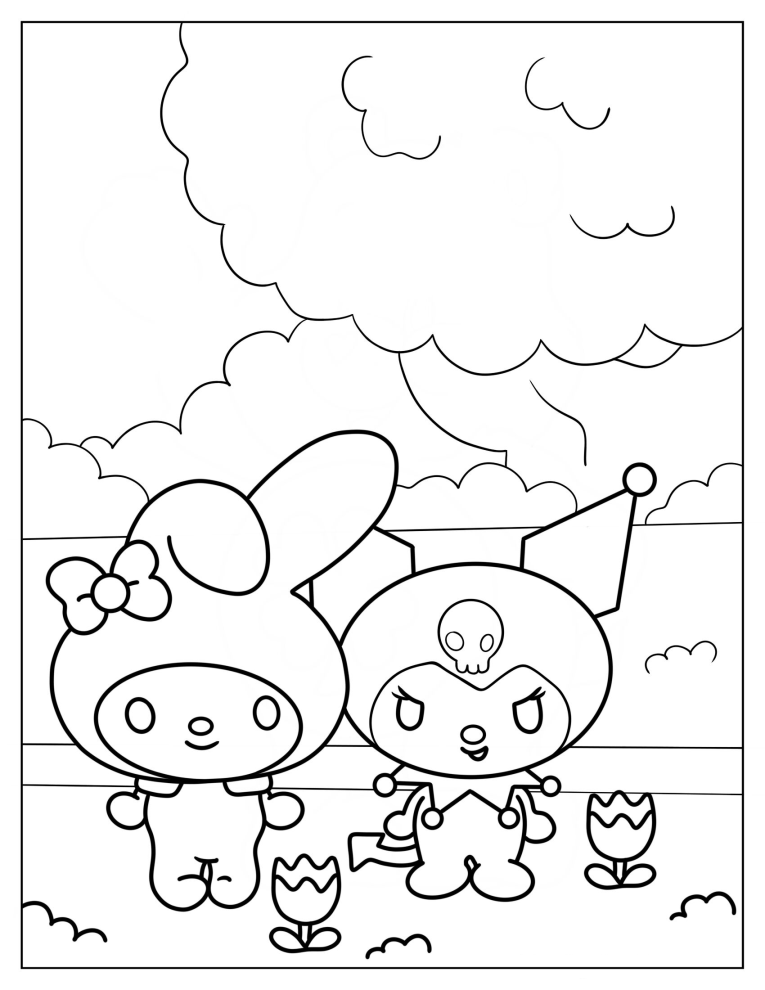 My Melody In Garden With Kuromi Coloring Page