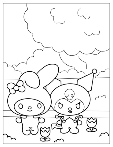 My Melody In Garden With Kuromi Coloring Page