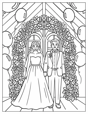 Wedding Ceremony With Bride and Groom Under a Floral Arch Coloring Page for Kids