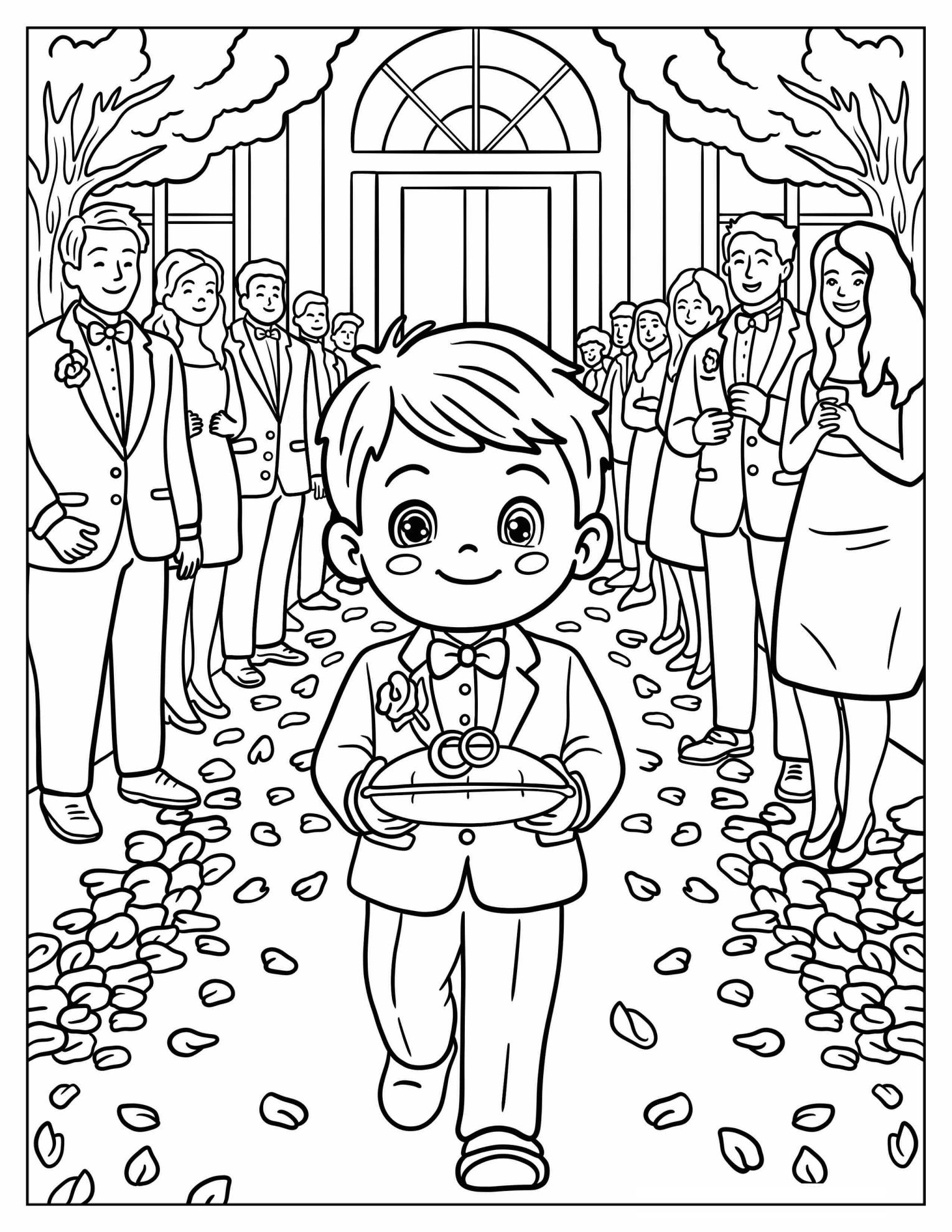 Cute Little Ring Bearer Walking Down the Aisle at Wedding Coloring Page For Kids