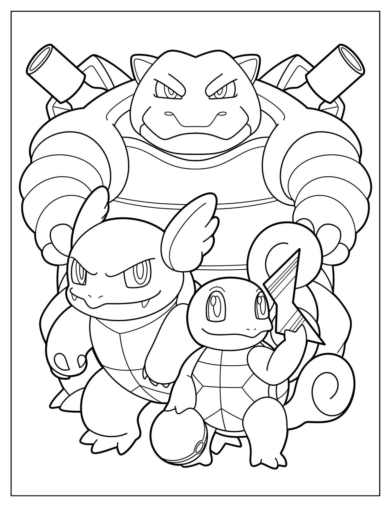 Squirtle, Wartortle, And Blastoise Evolution Coloring Sheet