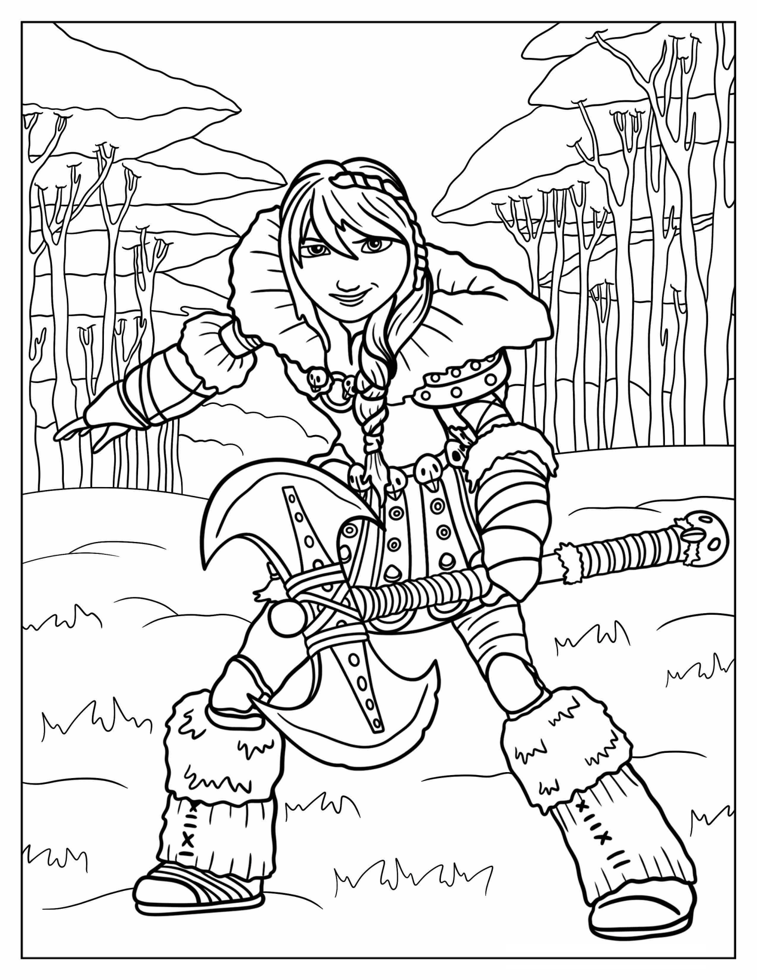 Adult Astrid Holding Axe Coloring Page