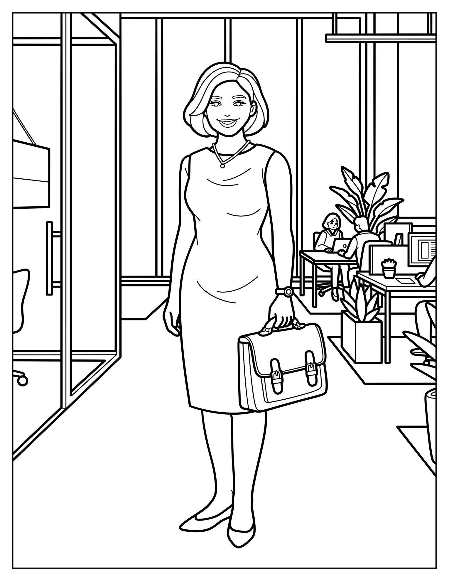 Professional Woman Wearing a Sleeveless Office Dress Coloring Page