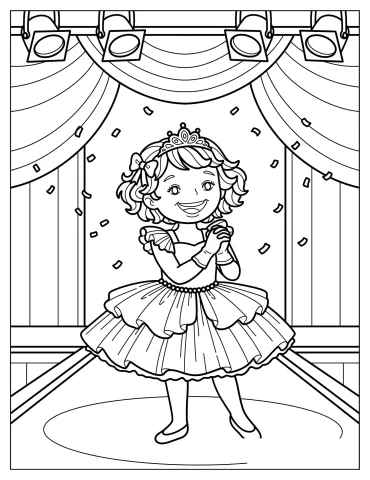 Girl Performing on Stage in a Ruffled Princess Dress Coloring Page for Kids