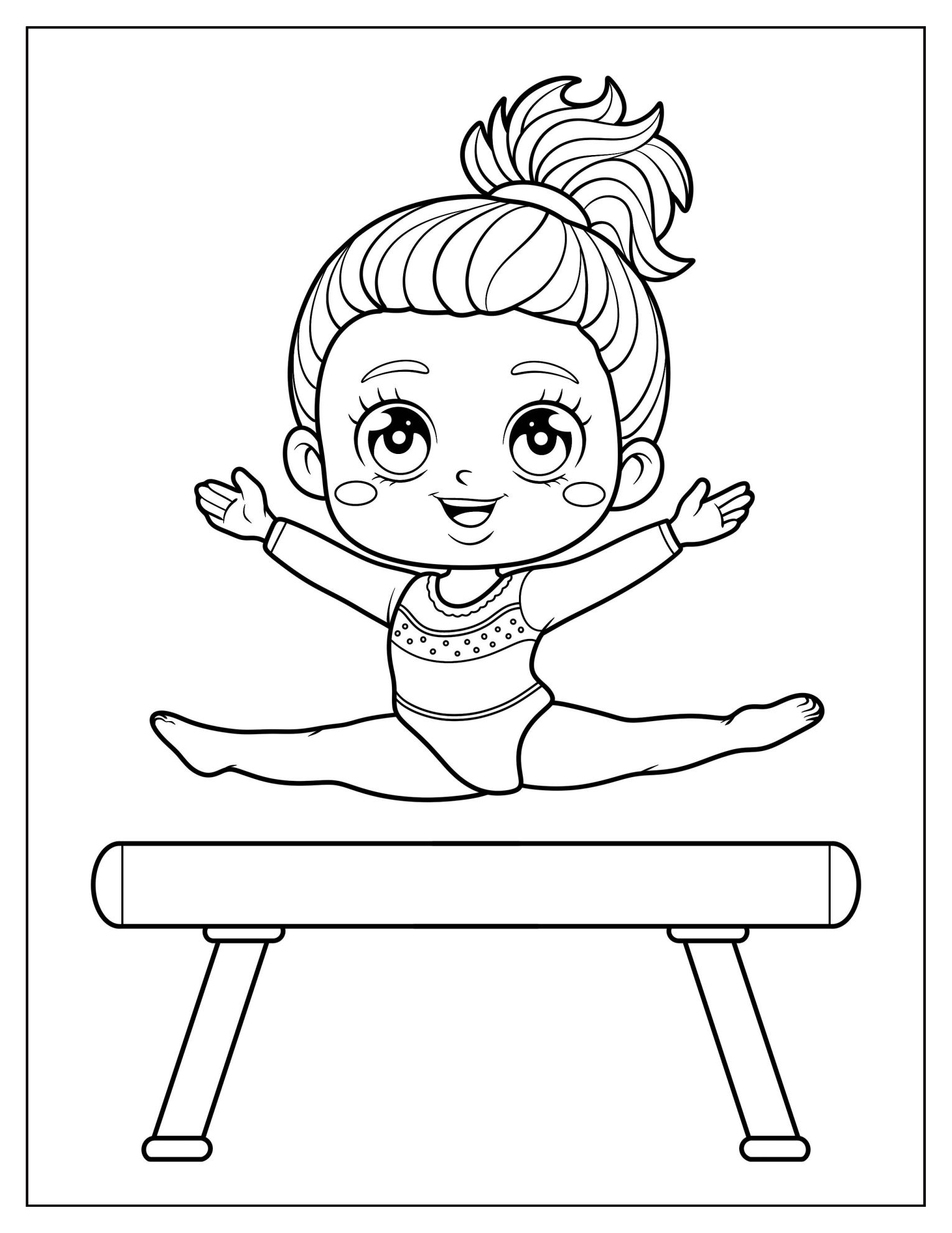 Young Gymnast in Mid Split Over Balance Beam Coloring Page for Kids