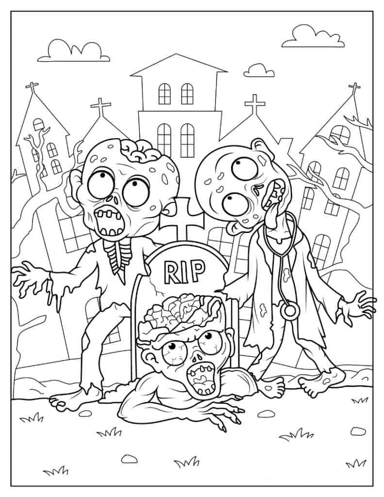 Halloween Coloring Page of Cute Zombies Rising From Grave