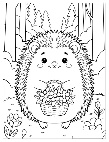 Lovely Hedgehog Carrying a Basket of Flowers