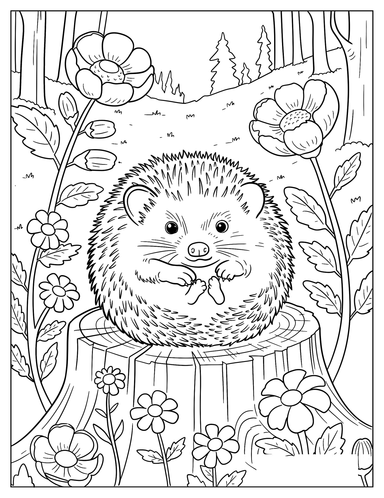 Spiky Hedgehog Curled Up on a Tree Trunk Coloring Sheet