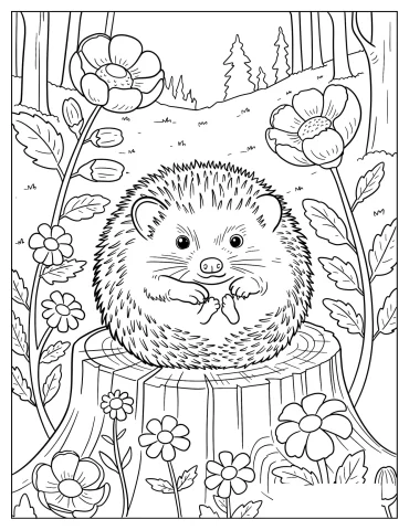 Spiky Hedgehog Curled Up on a Tree Trunk Coloring Sheet