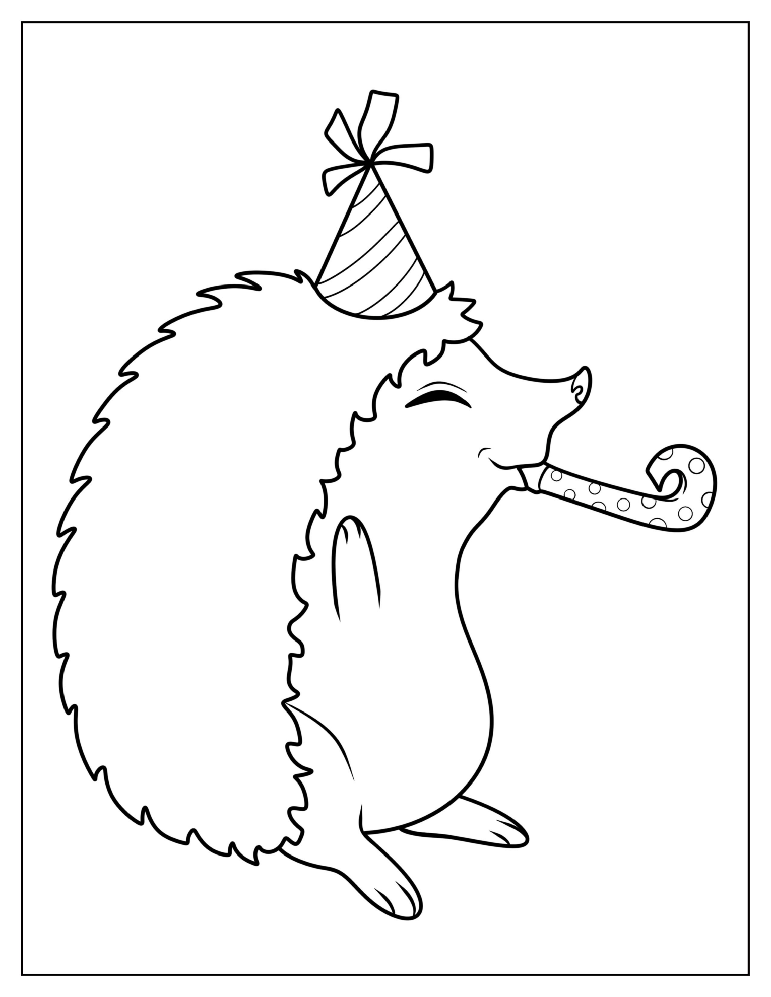 Hedgehog With Party Hat And Horn Coloring Page For Kids