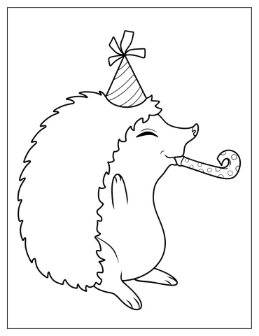 Hedgehog With Party Hat And Horn Coloring Page For Kids