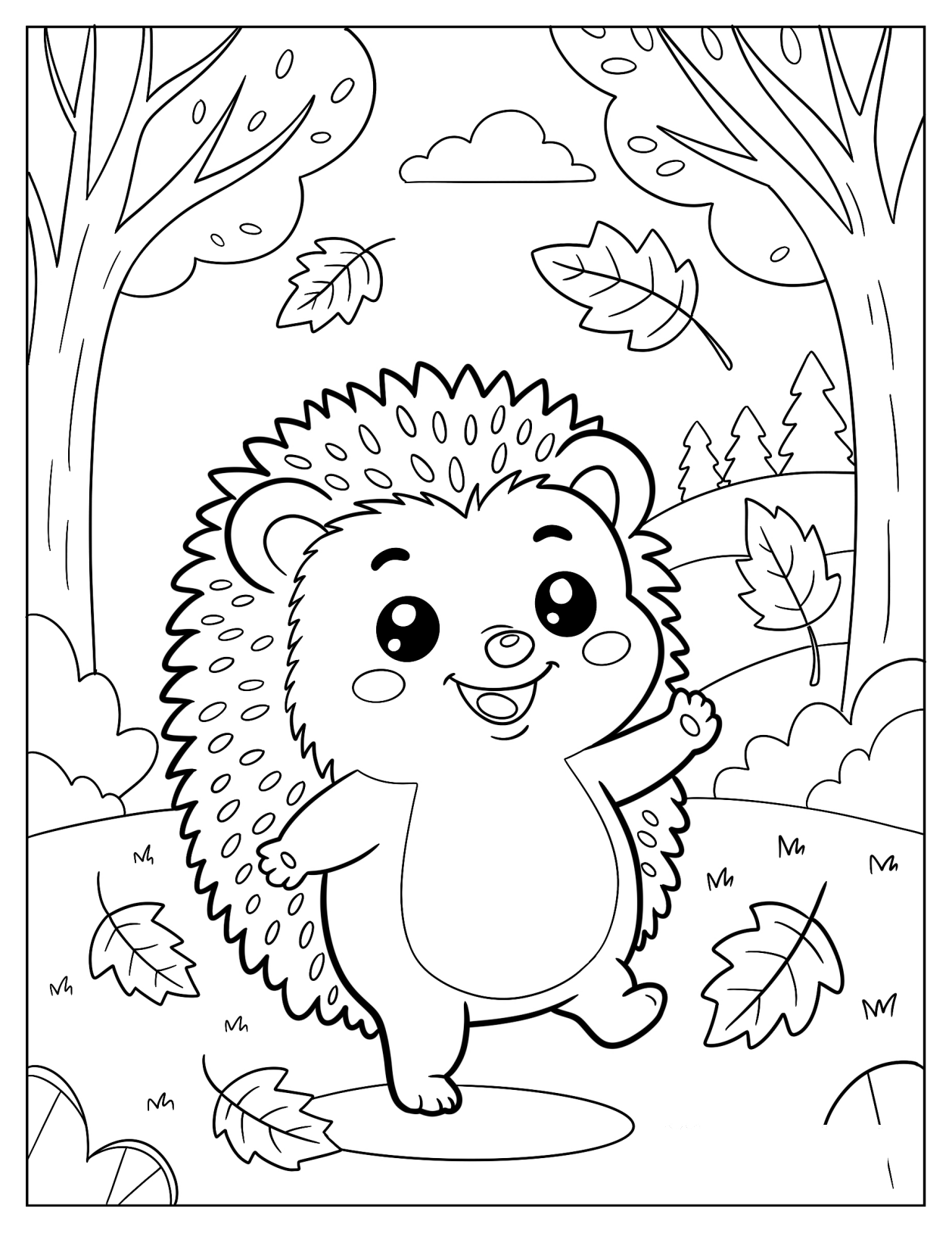 Cheerful Hedgehog Playing with Autumn Leaves Coloring Page for Preschoolers