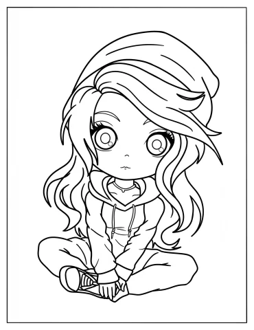 Adorable Chibi Girl Wearing A Hoodie Coloring Sheet For Preschoolers