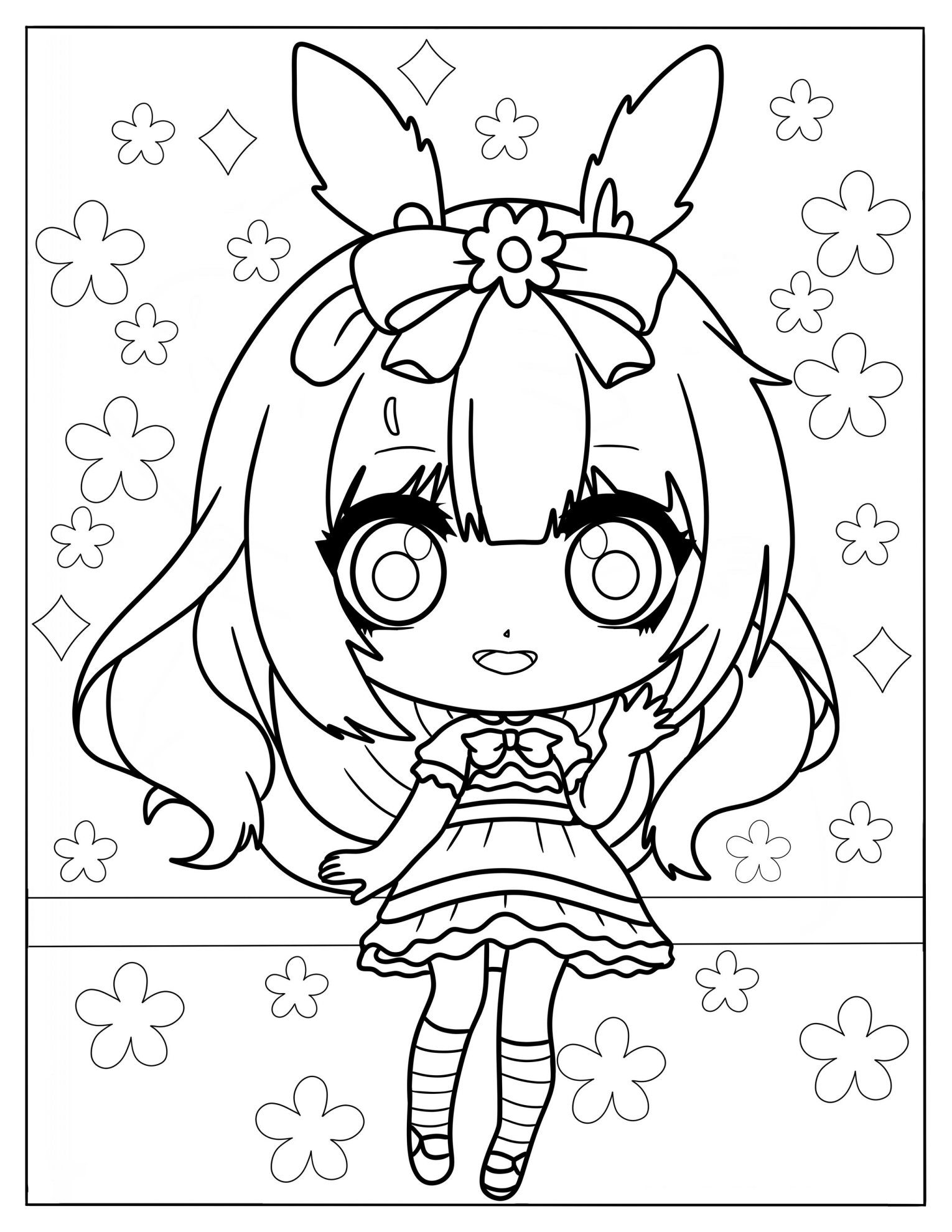 Chibi Girl With Furry Rabbit Ears Coloring Page