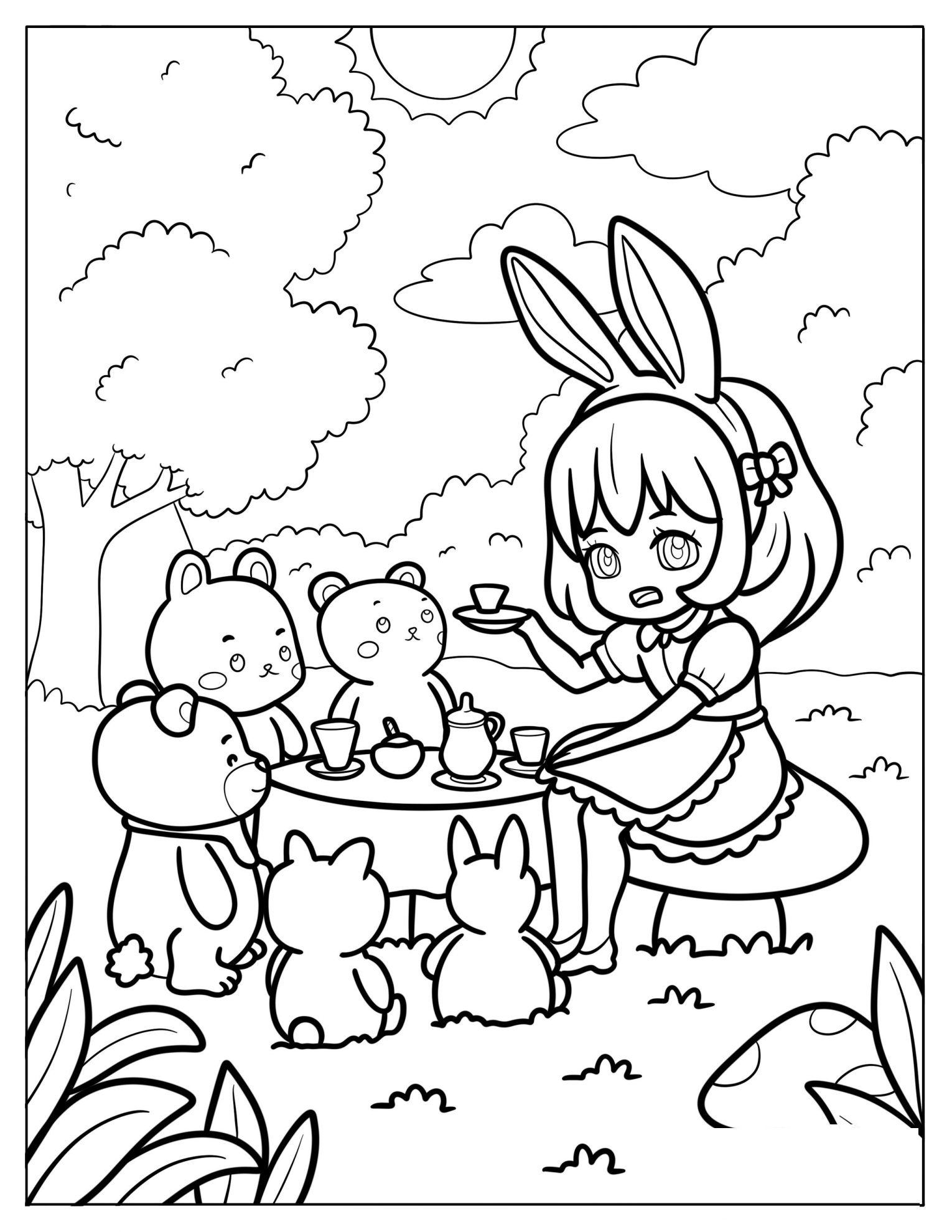 Chibi Tea Party in a Sunny Forest Meadow with Animal Friends Coloring Page