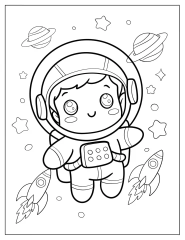 Outer Space Journey with a Chibi Astronaut and Rocket Ships Coloring Sheet