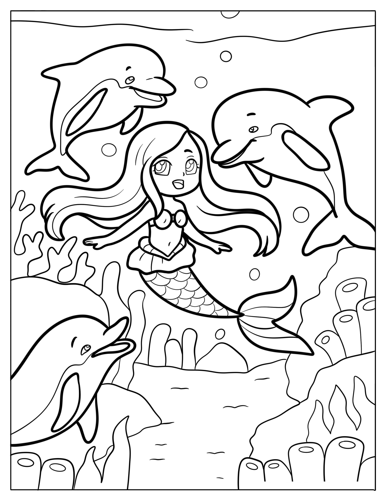 Magical Chibi Mermaid Swimming with Dolphins Under the Sea Coloring Sheet