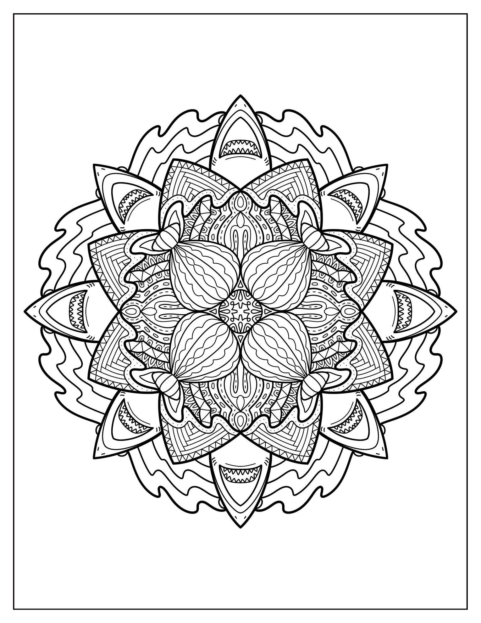 Intricate Shark Mandala Coloring Page