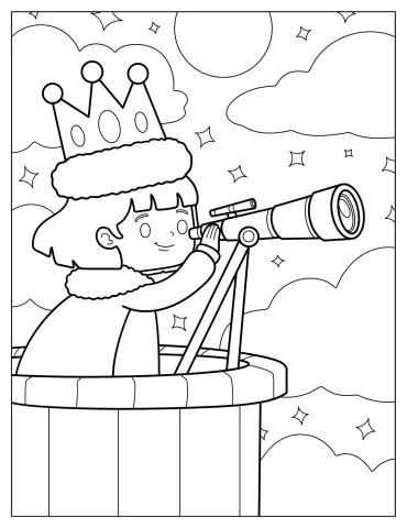 Curious Princess with Crown Looking Through Telescope at Stars Coloring Page for Kids