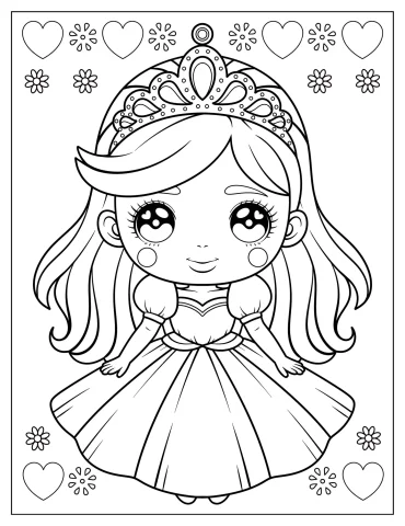 Princess with Big Eyes and Royal Crown Surrounded by Hearts Coloring Page