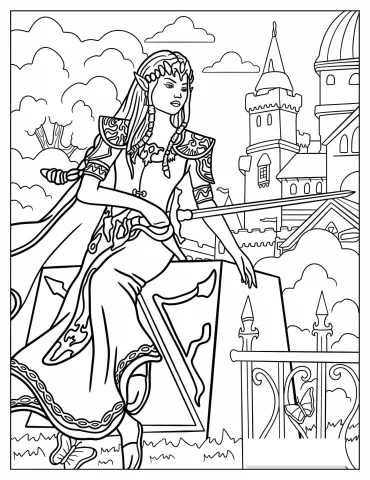 Realistic Princess Zelda Holding Sword Coloring Sheet