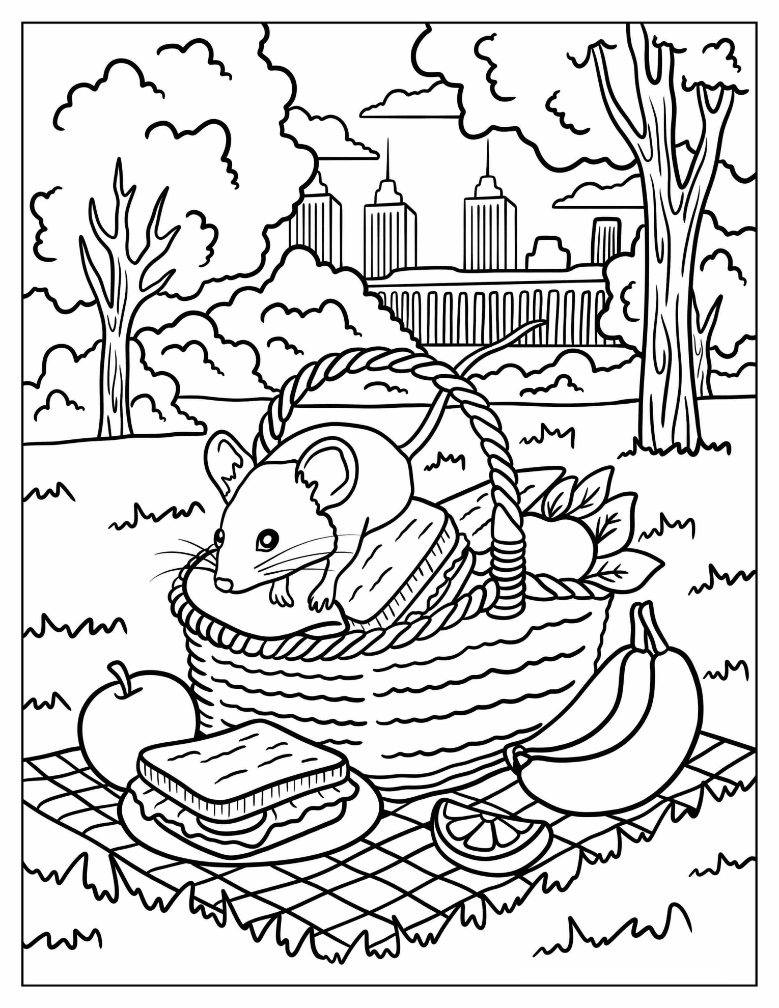 Mouse Sitting in a Picnic Basket Surrounded by Fruit and Sandwiches