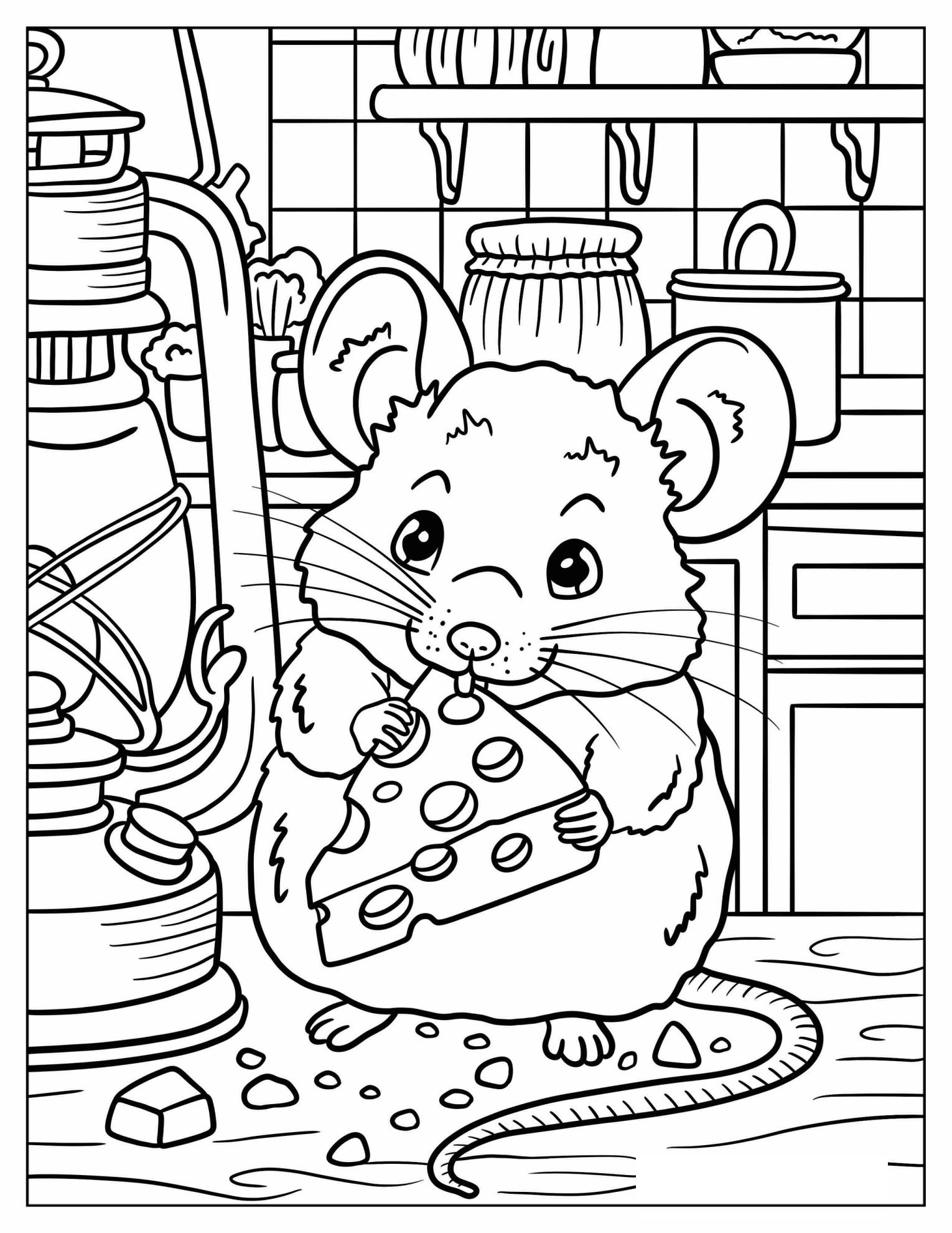 Mouse Holding a Wedge of Cheese in a Cozy Country Kitchen Coloring Page for Kids