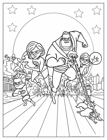 Mr. Incredible, Elastigirl, Violet, Dash, Frozone, And Edna Coloring Page