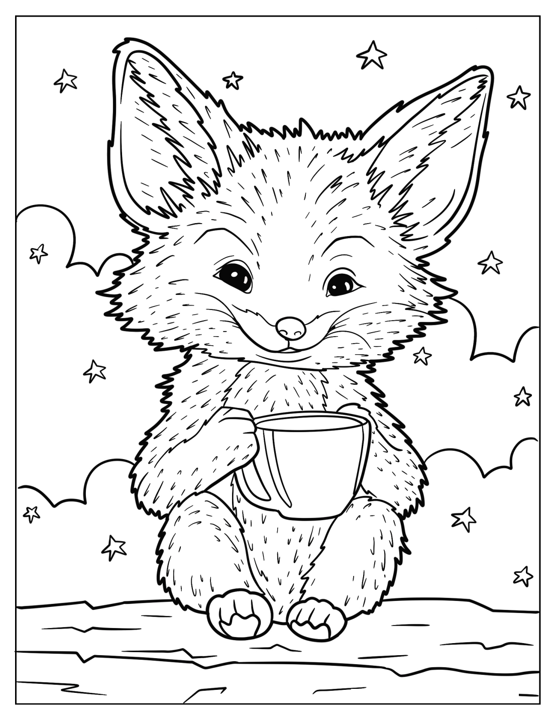 Detailed Fox Holding Cup In Clouds Coloring Sheet
