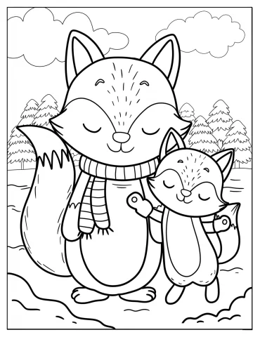 Mother Fox And Baby Fox In Winter Coloring Page For Kids
