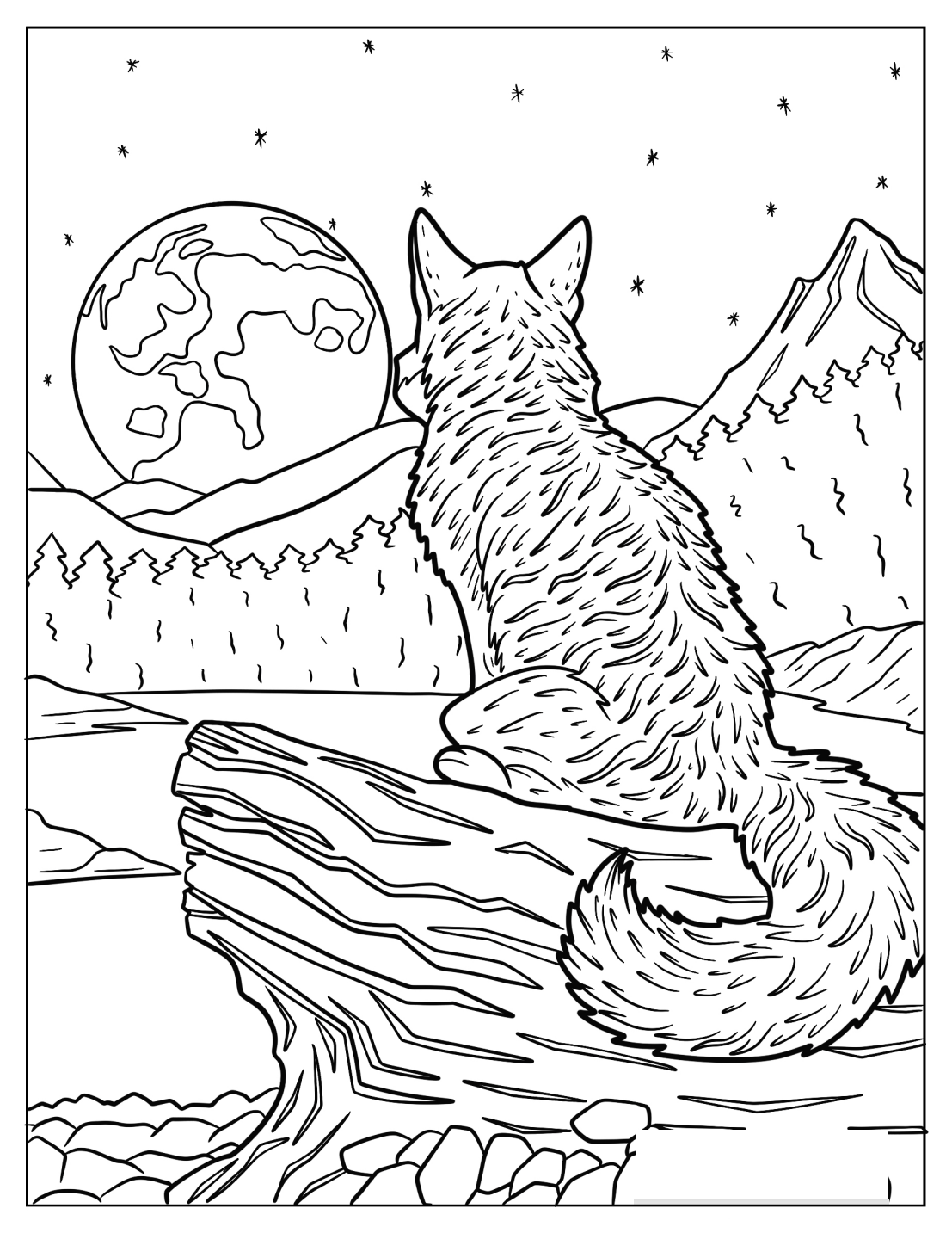 Fox Looking At Full Moon Coloring Page