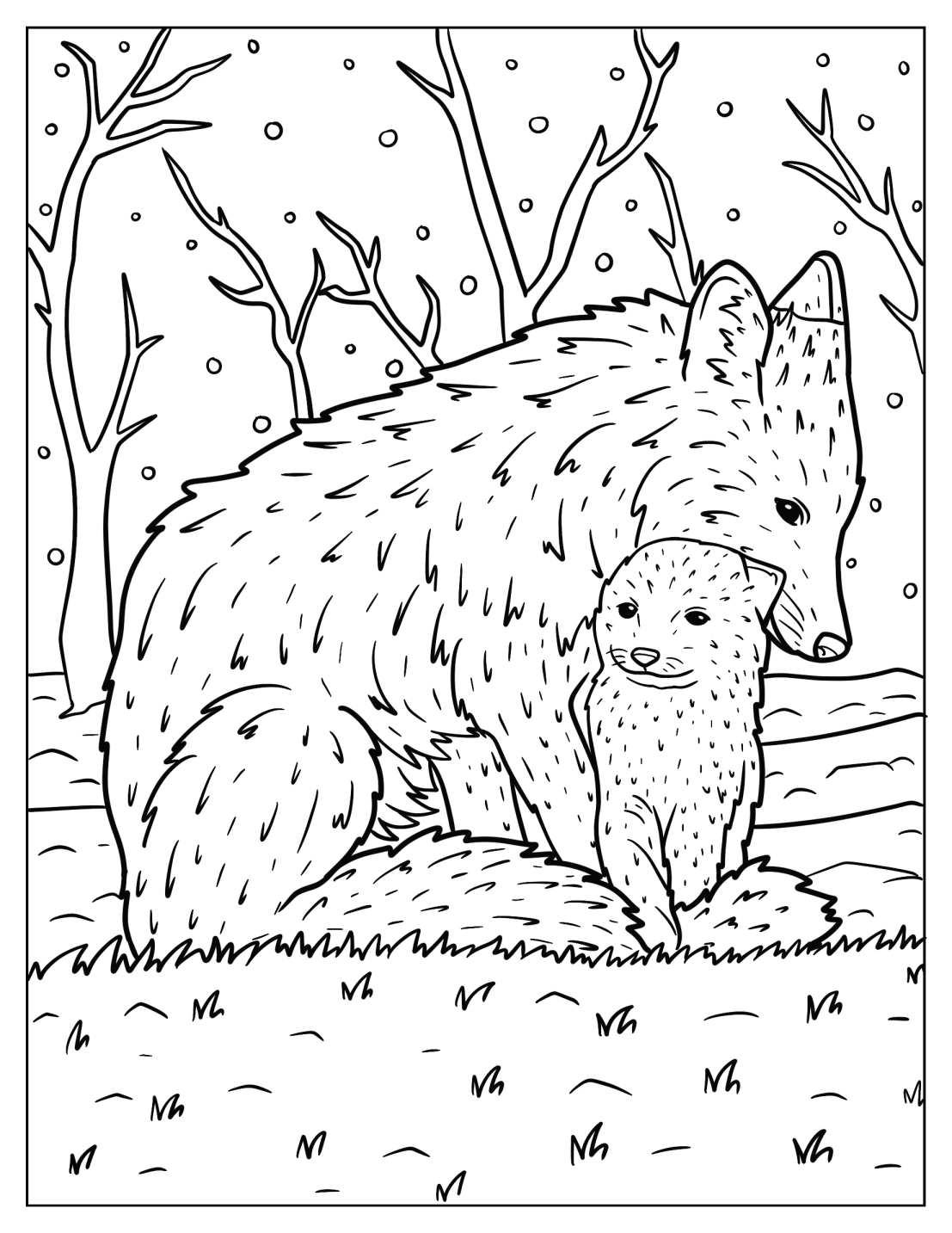 Mama Fox Cuddling With Baby Fox In Snowy Forest Coloring Sheet